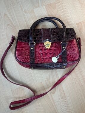 Brahmin Two-Tone Croc-Embossed Satchel in Burgundy and Dark Brown